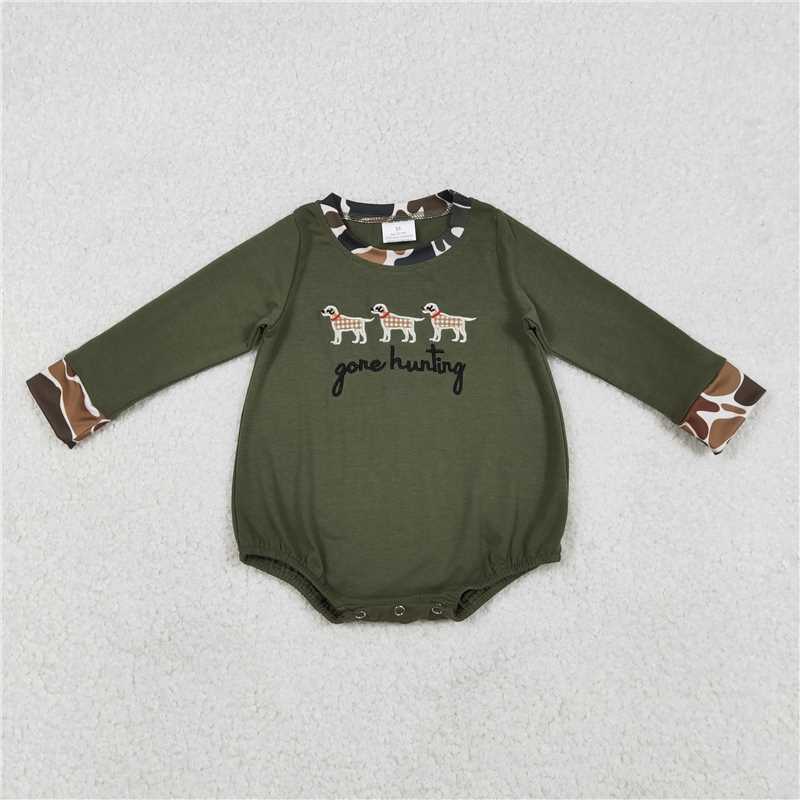 X1.5 LR2836 Embroidered Gone Hunting Puppy Camouflage Army Green Long-Sleeved Jumpsuit