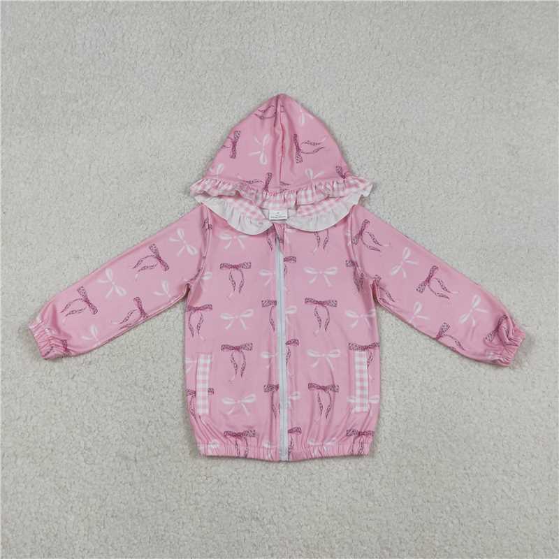 X12.26 GT1217 Pink Plaid Lace Zipper Hooded Long-Sleeved Top with Bow Pattern