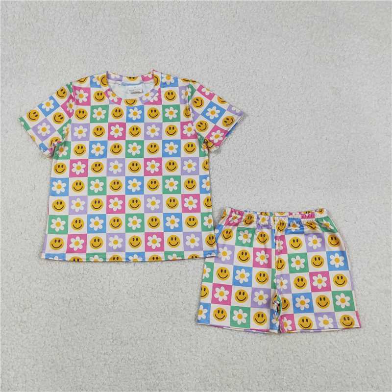 X12.29 GSSO2864 Smiley face floral colorful plaid short-sleeved shirt and shorts set