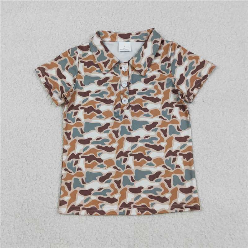 X12.30 BT1355 Dark brown-green camouflage beige button-down short-sleeved top