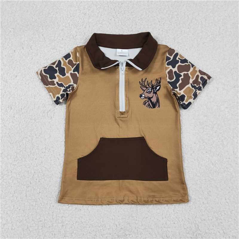 X12.30 BT1531 Pocket Reindeer Camouflage Brown Zip-Up Short-Sleeve Top