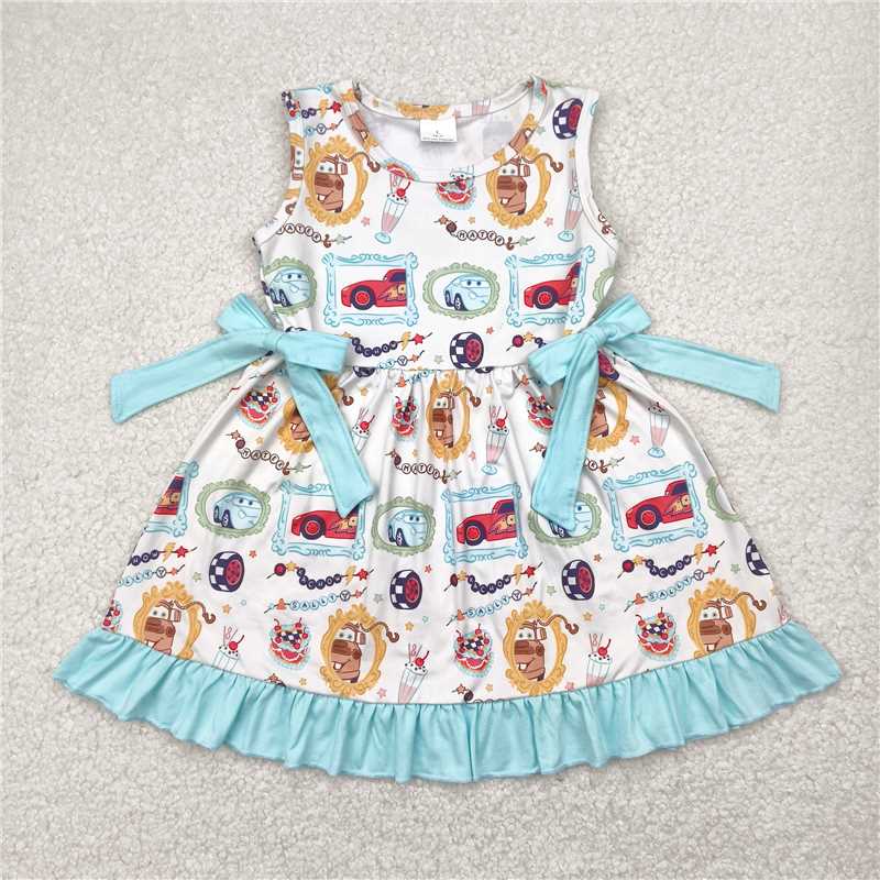 5.1 GSD2061 cars cartoon car story mirror cake blue bow lace sleeveless dress