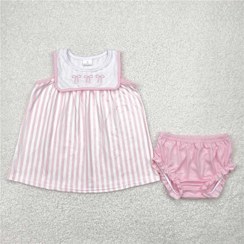 4.28 GBO0476 Embroidered bow pattern pink striped white sleeveless briefs set