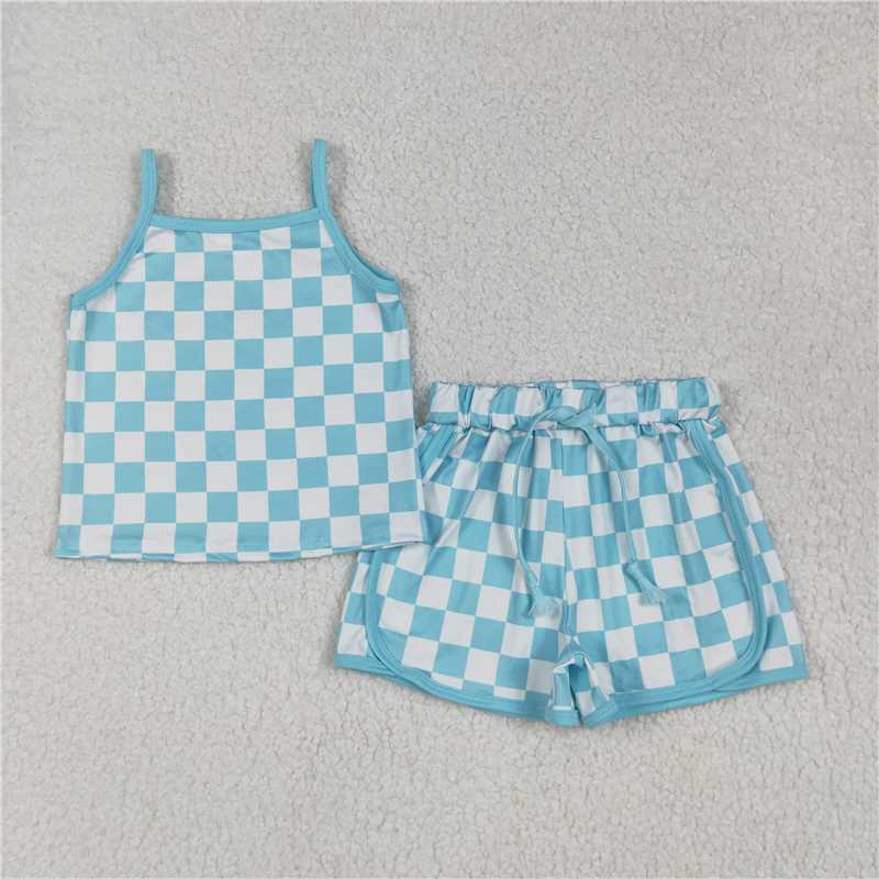 6.23 GSSO2332 Blue and white plaid suspender shorts set