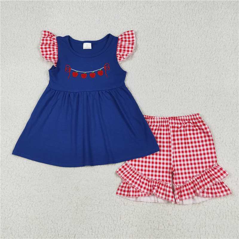 6.11 GSSO2314 Embroidered Apple Red Plaid Lace Blue Fly Sleeve Shorts Set