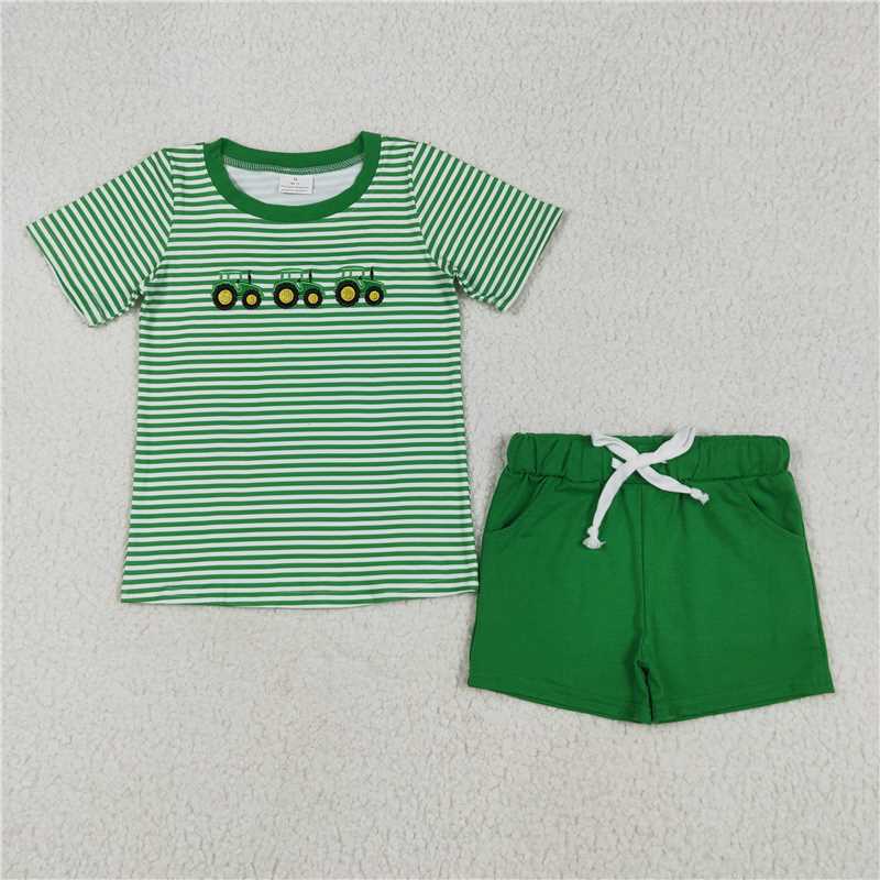 6.24 BSSO1374 Embroidered Farm Tractor Stripe Short Sleeve Green Shorts Set