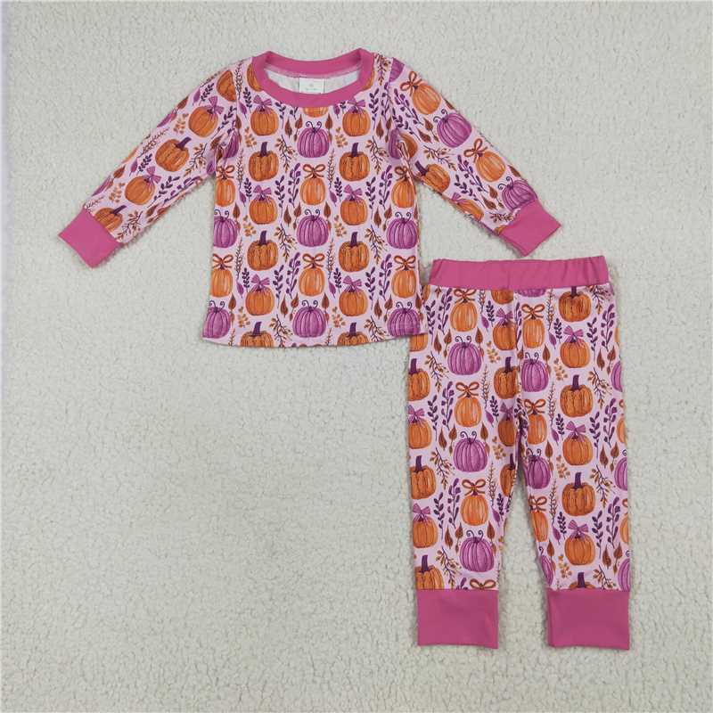 6.23 GLP2415 Bowknot pumpkin leaf rose red long-sleeved trousers pajamas set