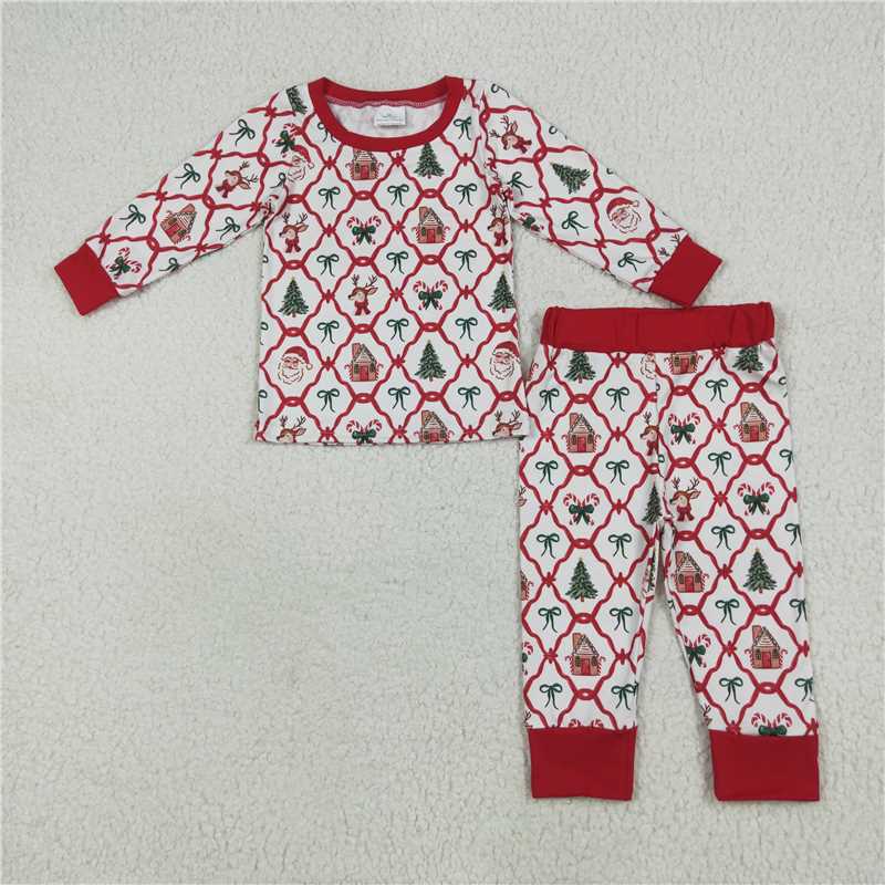 6.23 GLP2391 Christmas bear house bow pattern long sleeve long pants pajamas set