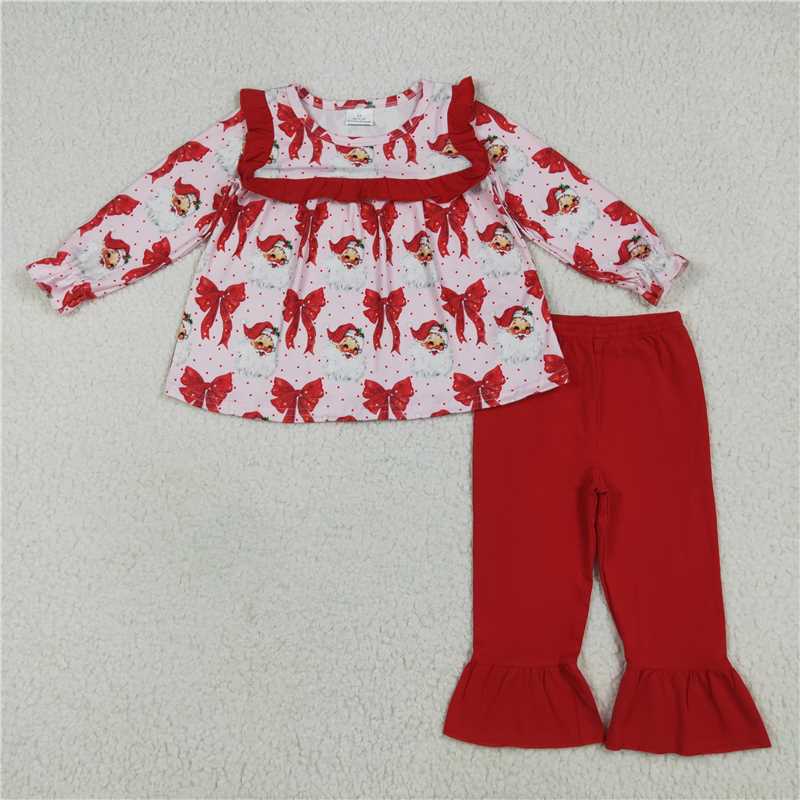 6.23GLP2347 Santa Claus red bow pattern lace long sleeve trousers suit