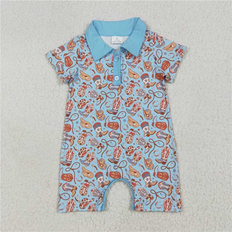 6.24 SR3128 Boots, cowboy hat, blue button short-sleeved jumpsuit