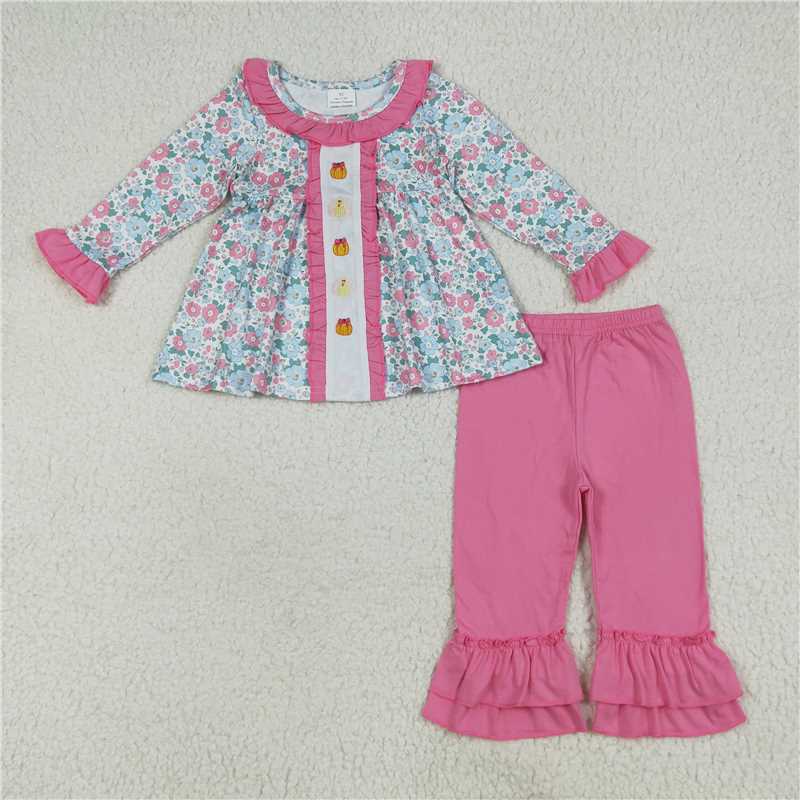 7.24 GLP2352 Embroidered Pumpkin Turkey Flower Pink Lace Long Sleeve Pants Set