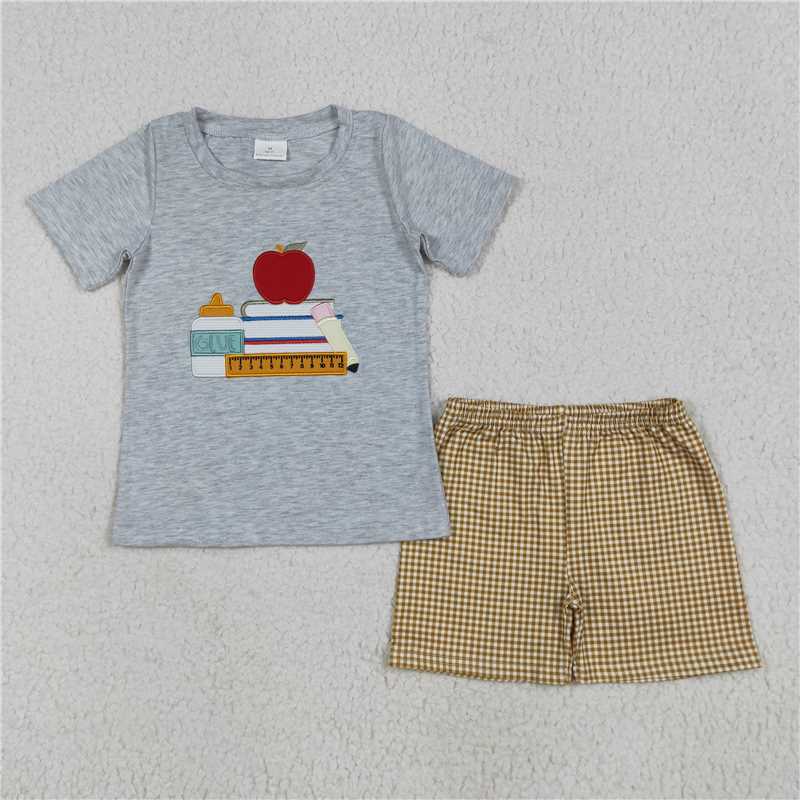 6.24 BSSO1281 Embroidered Back to School Apple Book Ruler Gray Short Sleeve Orange Plaid Shorts Set