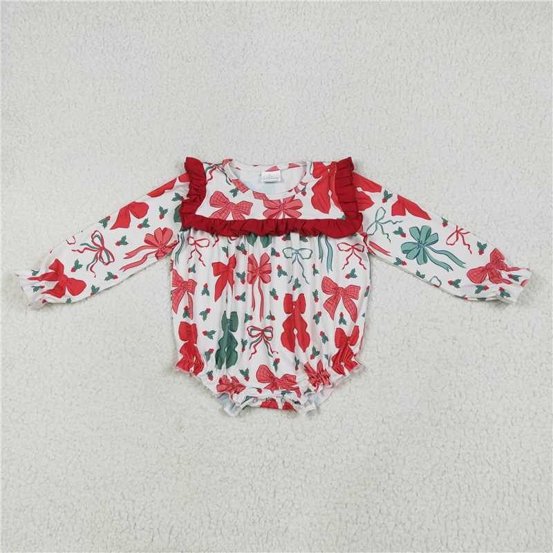 6.23 LR2209 Christmas red and green bow pattern lace long-sleeved jumpsuit