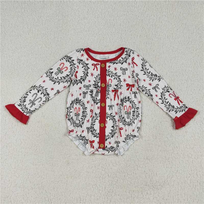 7.8 LR2252 Christmas wreath bow pattern red lace button long sleeve jumpsuit