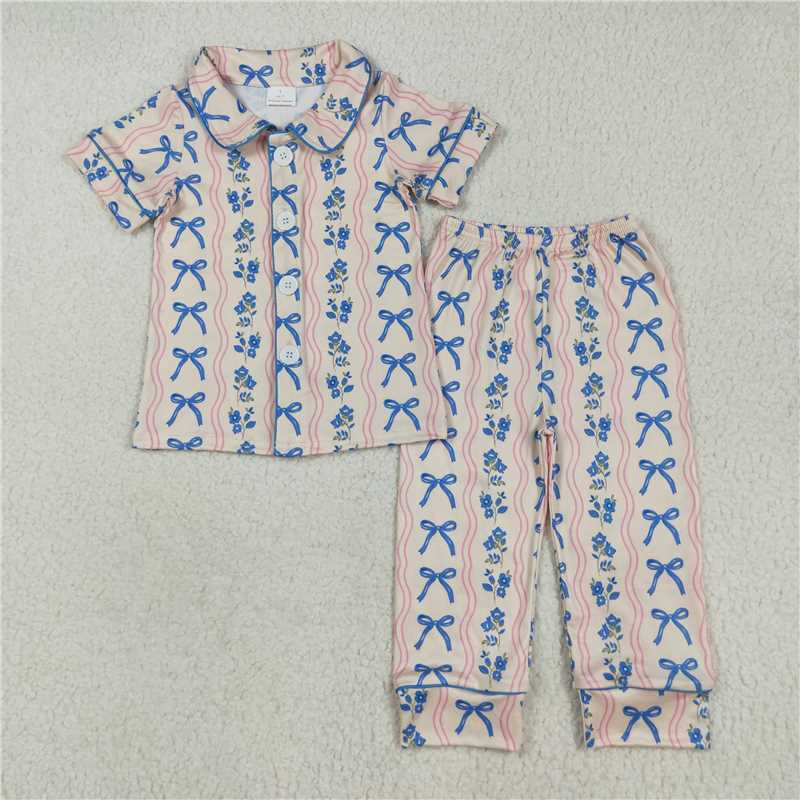 7.23 GSPO2050 Flower wave line blue bow pattern short-sleeved long pants pajamas set