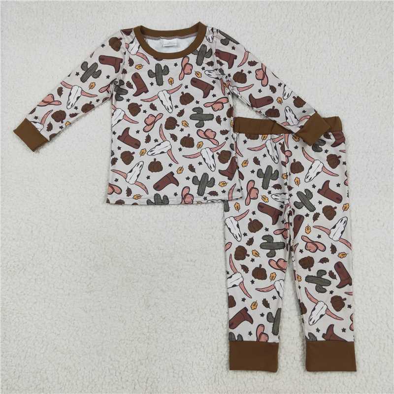 7.25 BLP1141 Cactus alpine bull head cowboy hat boots beige long sleeve long pants pajama set
