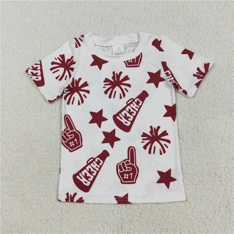 7.23 GT1093 Cheer dark red fireworks star white short-sleeved top