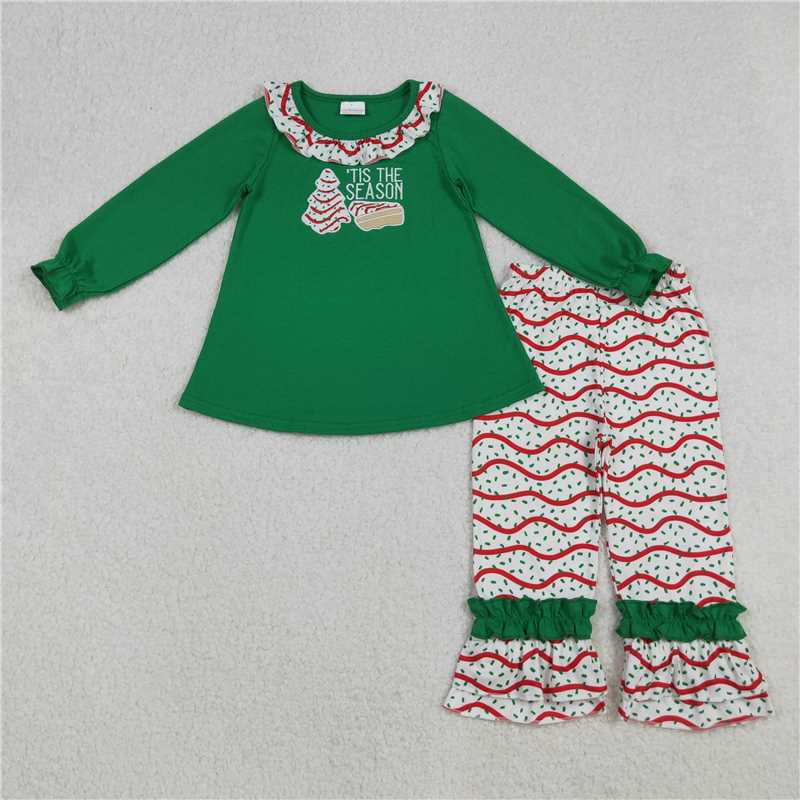 X109 GLP2518 tis the season embroidered Christmas tree cookie lace green long-sleeved pant suit