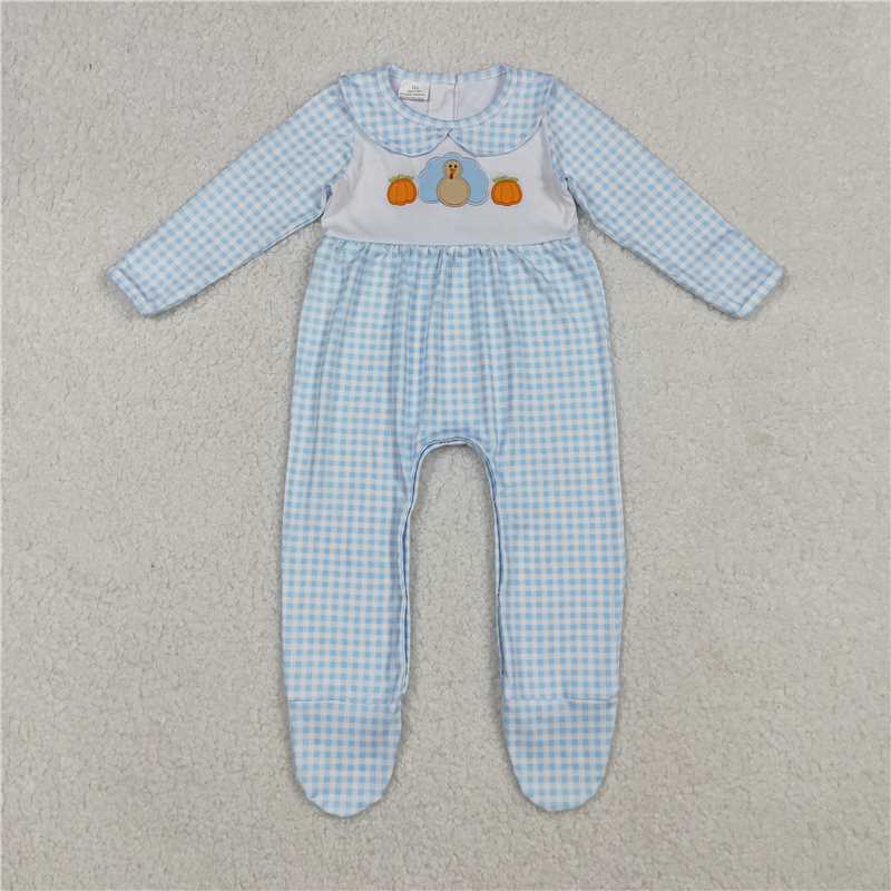 X108 LR2561 Embroidered Pumpkin Turkey Blue Plaid Long-Sleeved Bodysuit