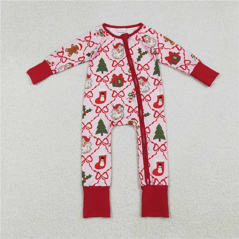 X107 LR2632 Pink plaid zip-up long-sleeved bodysuit with Santa Claus stocking and bow pattern