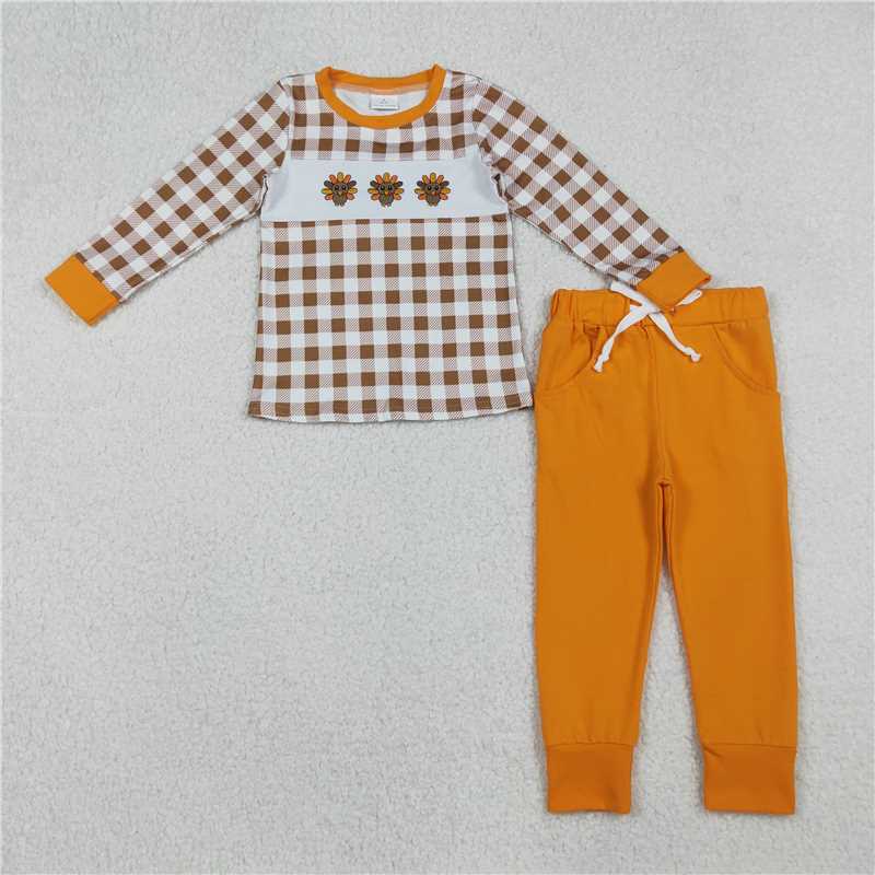 X10.11 BLP1186 Embroidered turkey brown plaid long-sleeved orange trouser suit