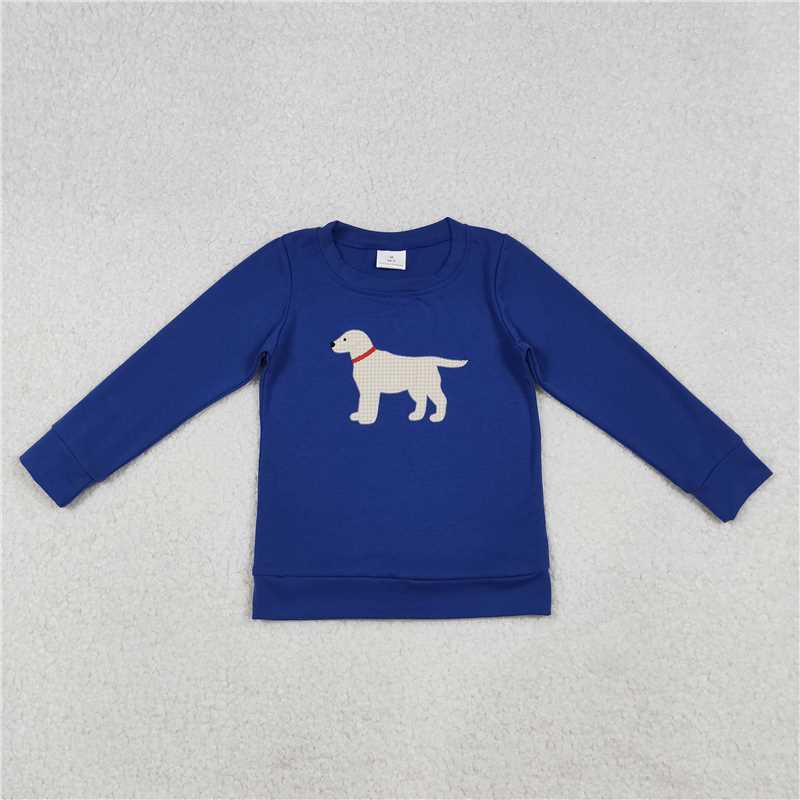 X12.9 BT1333 Embroidered Puppy Pattern Royal Blue Long-Sleeved Top