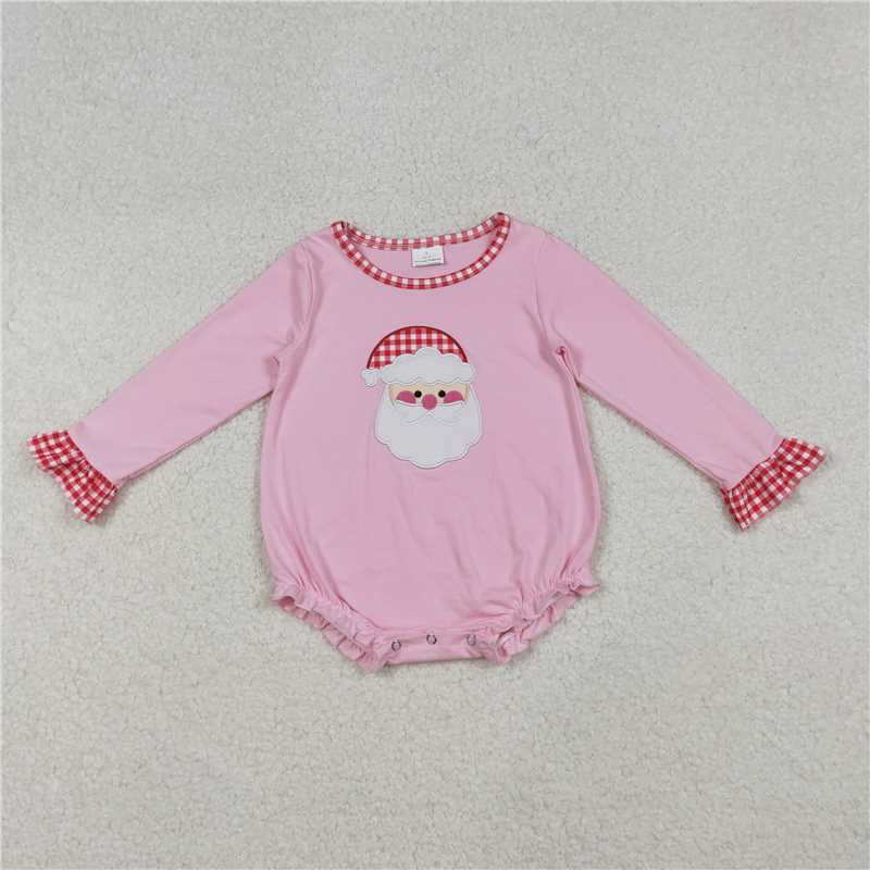 X108 LR1733 Pink long-sleeved bodysuit with embroidered Santa Claus and red plaid trim