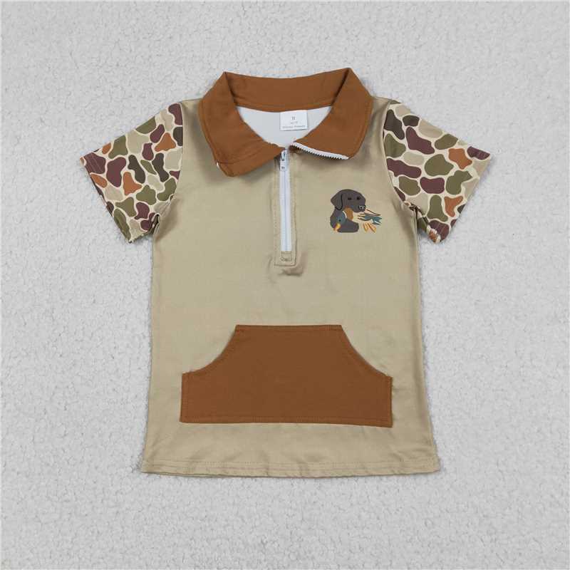 X12.31 BT1532 Pocket Puppy and Duck Camouflage Brown-Green Zipper Short-Sleeve Top