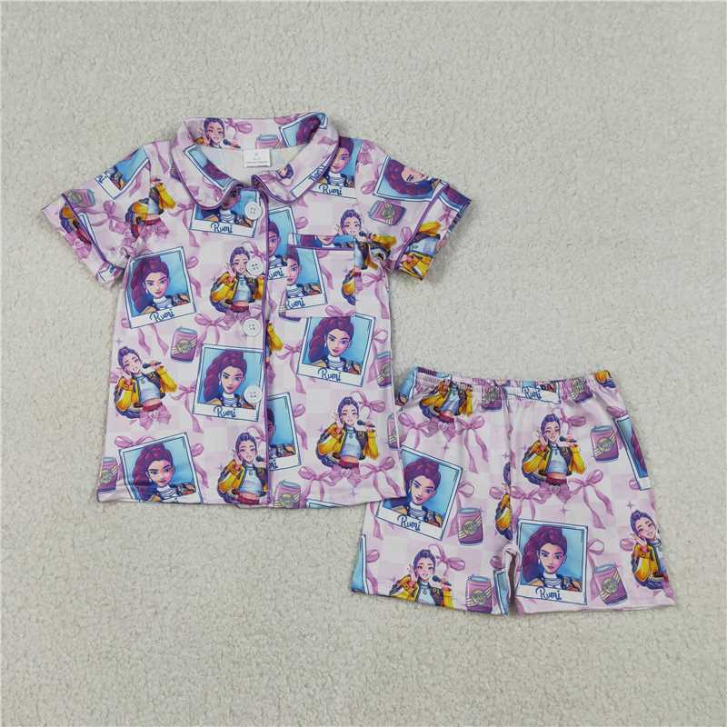 X12.29 GSSO2961 Kpop Photo Bow Pattern Purple Plaid Short-Sleeve Shorts Pajama Set