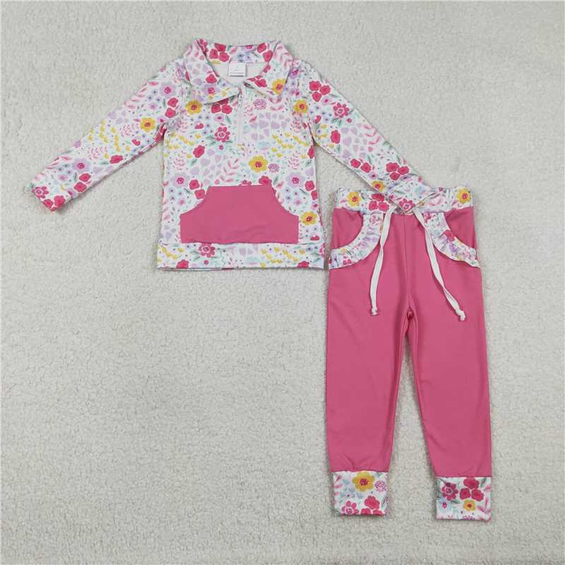 X12.25 GLP3277 Colorful Floral and Leaf Pink Pocket Zipper Long-Sleeve Pants Set