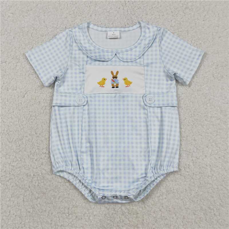 X12.26 SR3566 Easter Chicken and Bunny Blue Plaid Peter Pan Collar Short-Sleeve Jumpsuit