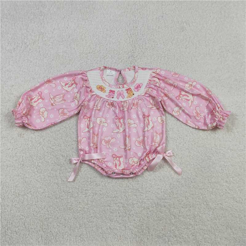 X12.27 LR2938 Embroidered Cowboy Hat, Boots, Bow Pattern, Floral Pink Long-Sleeved Jumpsuit