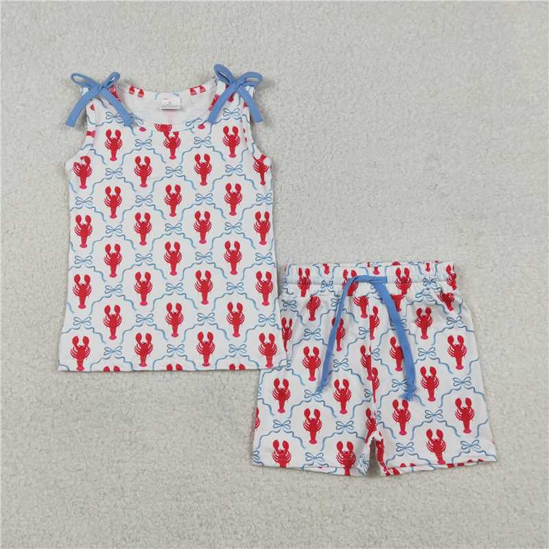 X1.9 GSSO3005 Blue Crayfish Bow Pattern Plaid Sleeveless Shorts Set