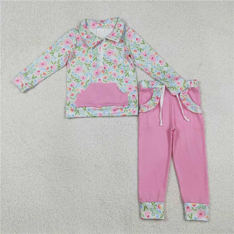 X1.8 GLP3282 Blue Floral Leaf Pink Pocket Zipper Long-Sleeve Pants Set