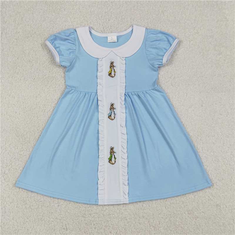 X1.7 GSD2961 Embroidered Easter Bunny Collar Lace Blue Short-Sleeve Dress