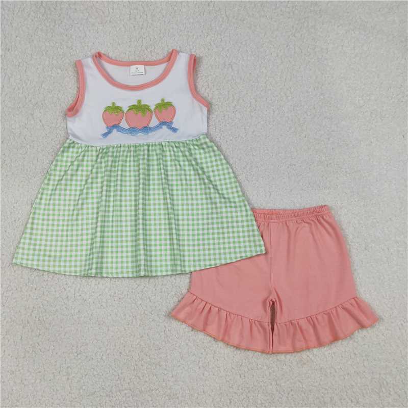 X1.9 GSSO2981 Embroidered Strawberry Bow Pattern Green Plaid Sleeveless Pink Shorts Set