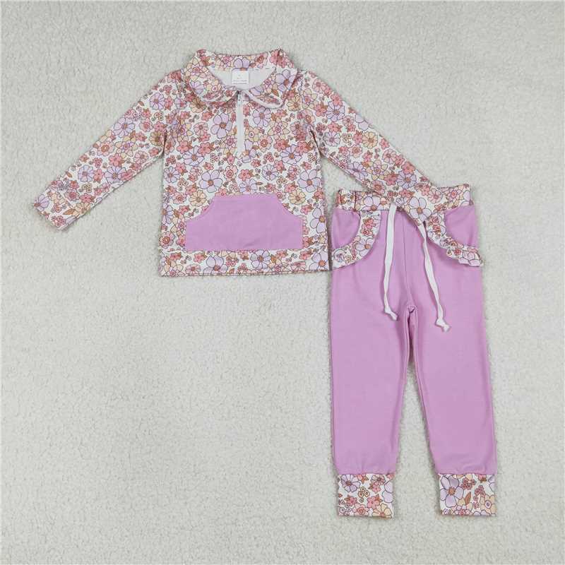 X1.19 GLP3281 Colorful Floral and Leaf Purple Pocket Zipper Long-Sleeve Pants Set