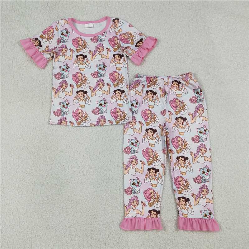 X1.7 GSPO2248 Kpop Heart-Shaped Disco Pants Pink Lace Short-Sleeved Pajama Set