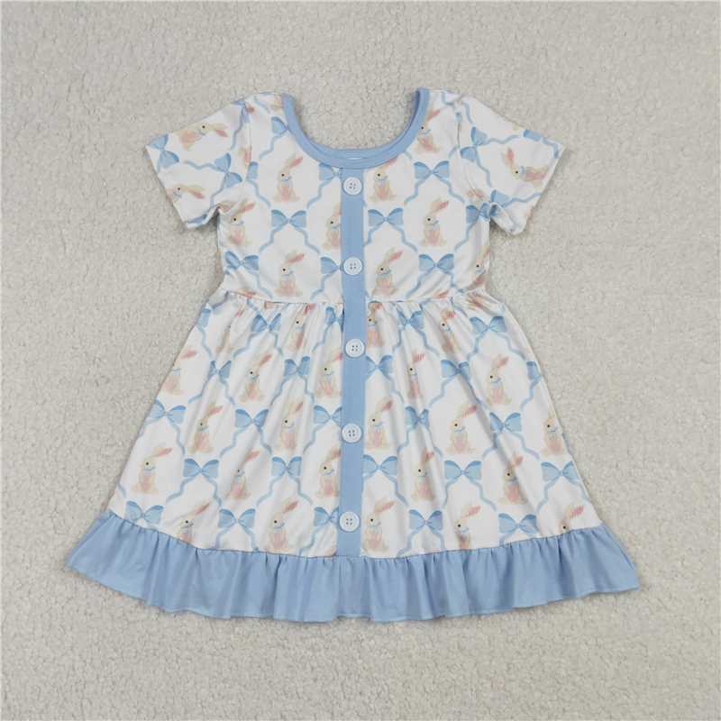 X1.8GSD3416 Blue Lace Button Short-Sleeve Dress with Rabbit Bow Pattern