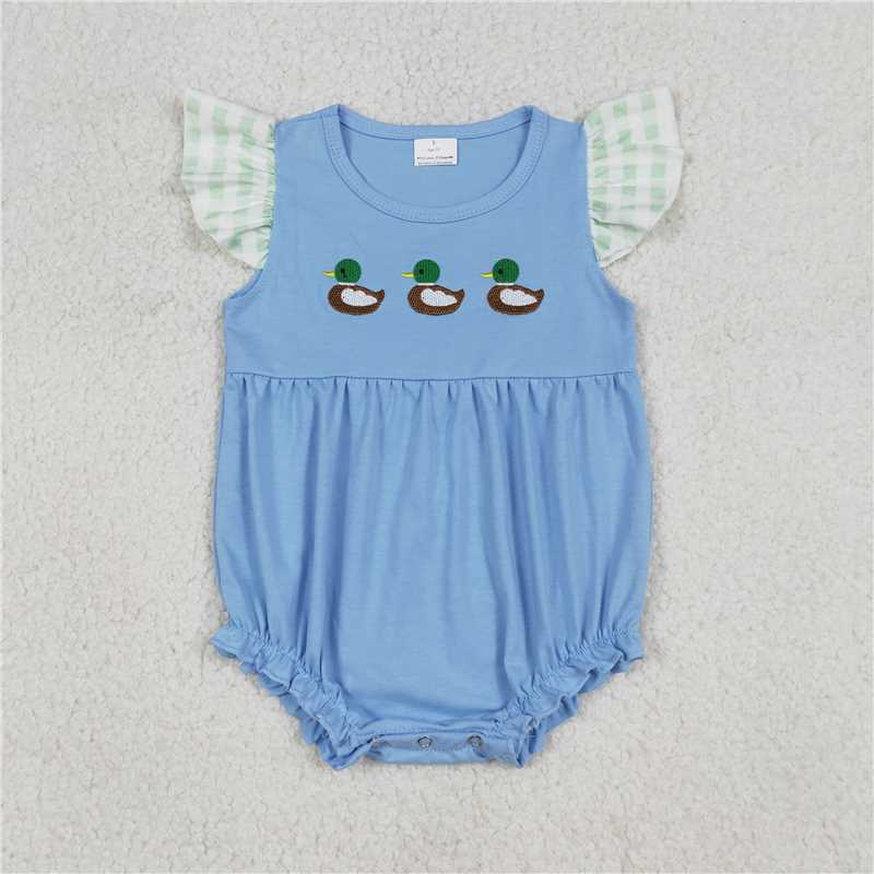 SR3266 Embroidered Three Ducks Green and White Checkered Lace Blue Flutter Sleeve Vest Jumpsuit