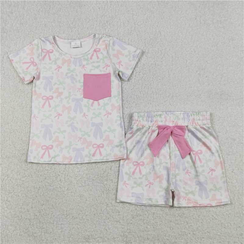 X1.9 GSSO2990 Beige Short-Sleeve and Shorts Set with Colorful Bow Pattern in Pocket
