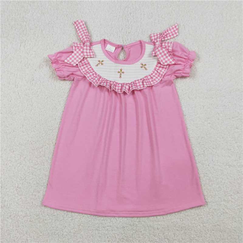 X1.17 GSD3178 Embroidered cross pink and white checkered lace short-sleeved dress