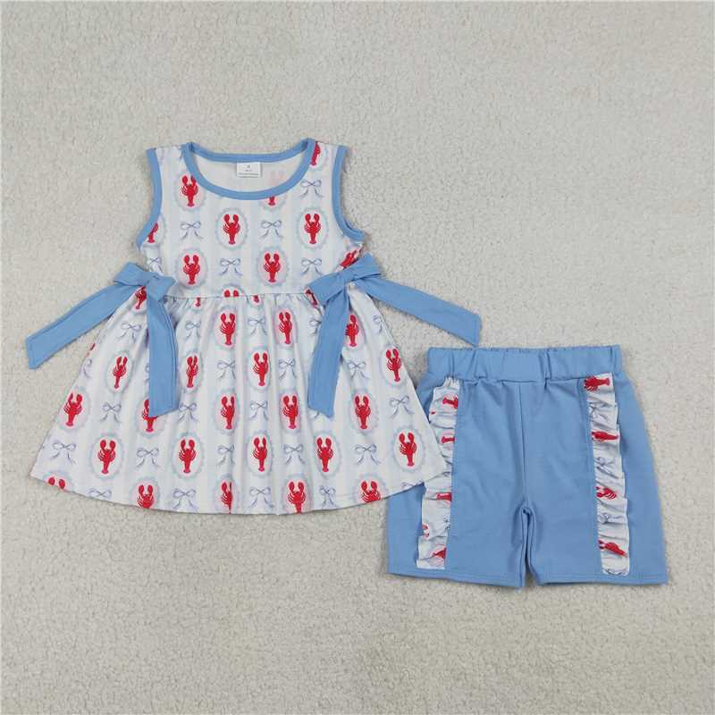 X1.9 GSSO3051 Blue crayfish bow pattern striped sleeveless lace shorts set
