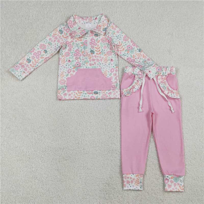 X1.19 GLP3279 Colorful Floral and Leaf Light Pink Pocket Zipper Long-Sleeve Pants Set