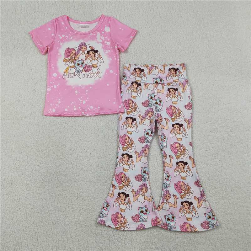 X1.17 GSPO2247 Kpop Heart-Shaped Disco Pink Short-Sleeve T-Shirt and Pants Set