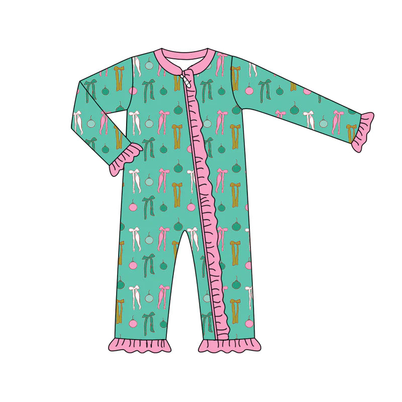 7.15Preorder (moq 5)Baby Girls Long Sleeves Green Lights Bows Plaid Ruffle Zipper Romper