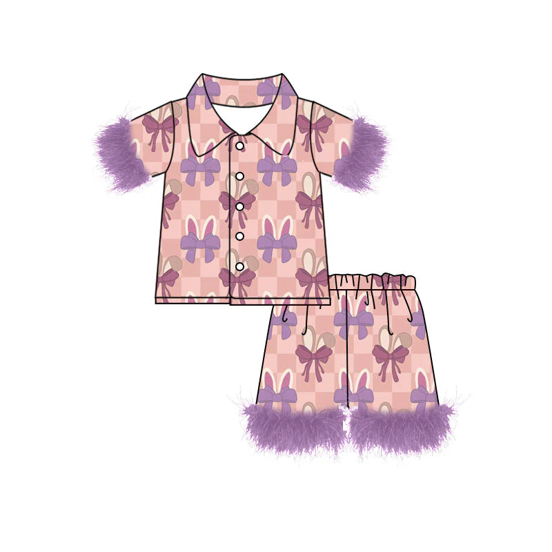 X919Preorder (moq 5)Baby Girls Pink Checked Rabbits Bows Button Top Shorts Easter Fur Pajamas Sets