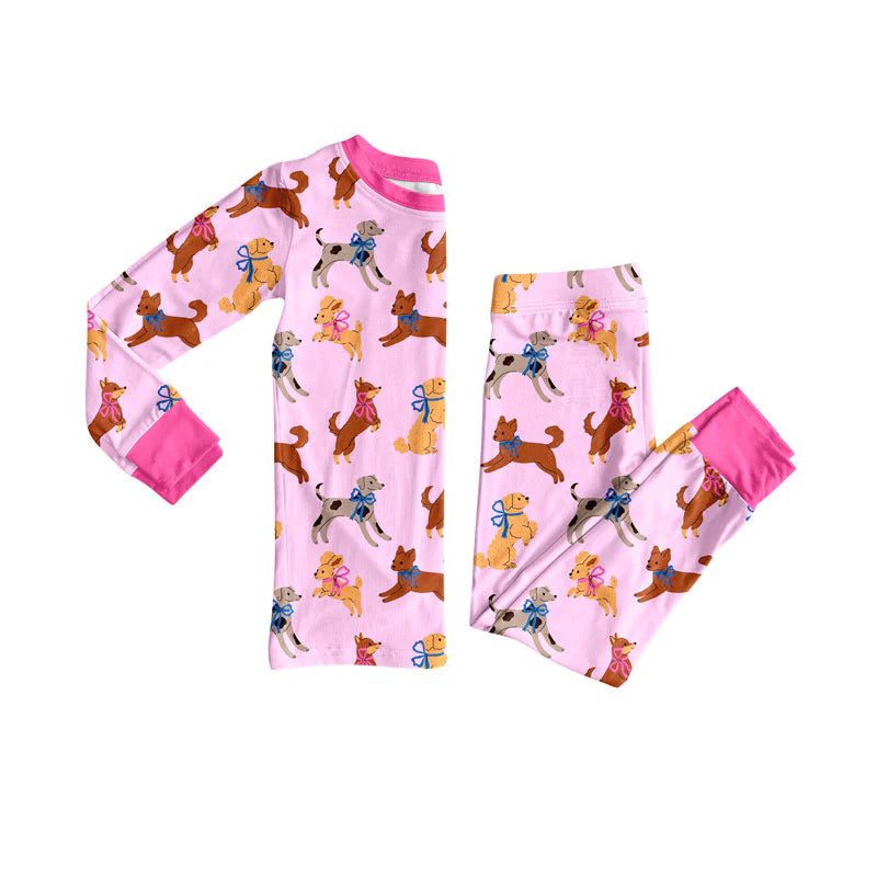 X924Preorder (moq 5)Baby Girls Bows Dogs Top Pants Valentine Pajamas Sets