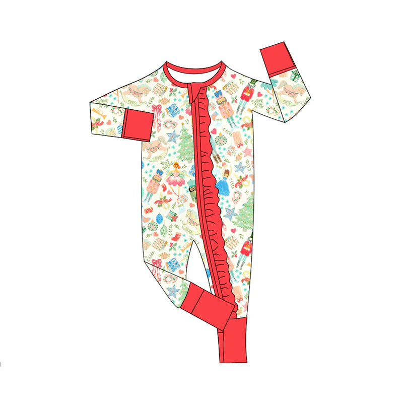 8.6Preorder(moq 5)Baby Infant Girls Long Sleeves Christmas Trees Soldiers Ruffle Zipper Rompers