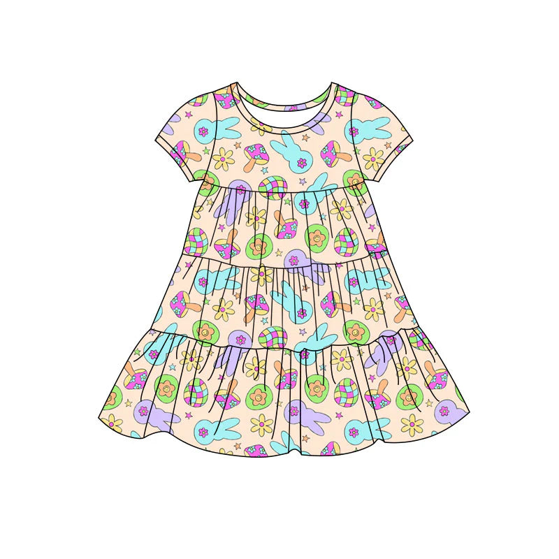 X11.22Preorder(moq 5) Baby Girls Colorful Rabbits Eggs Easter Patchwork Ruffle Knee Length Dresses